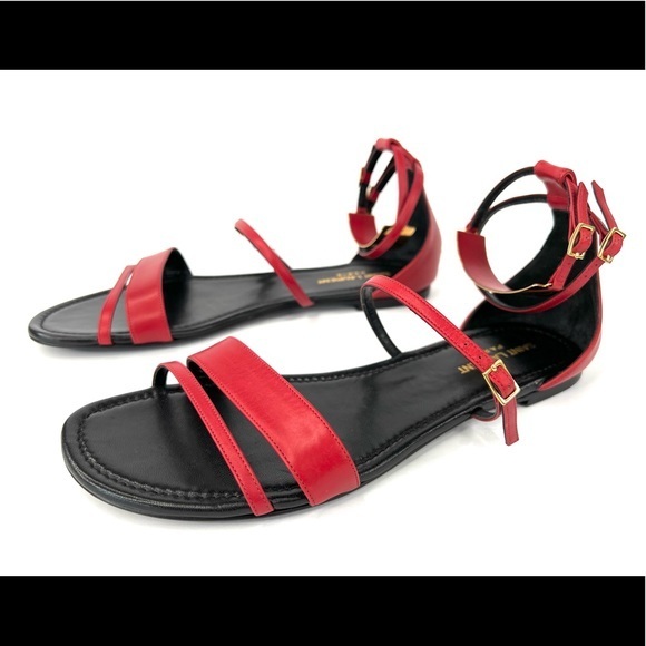 Saint Laurent Janis Ankle Strap Red Leather Gladiator Flat Sandals Size EU 39.5 - Picture 1 of 9